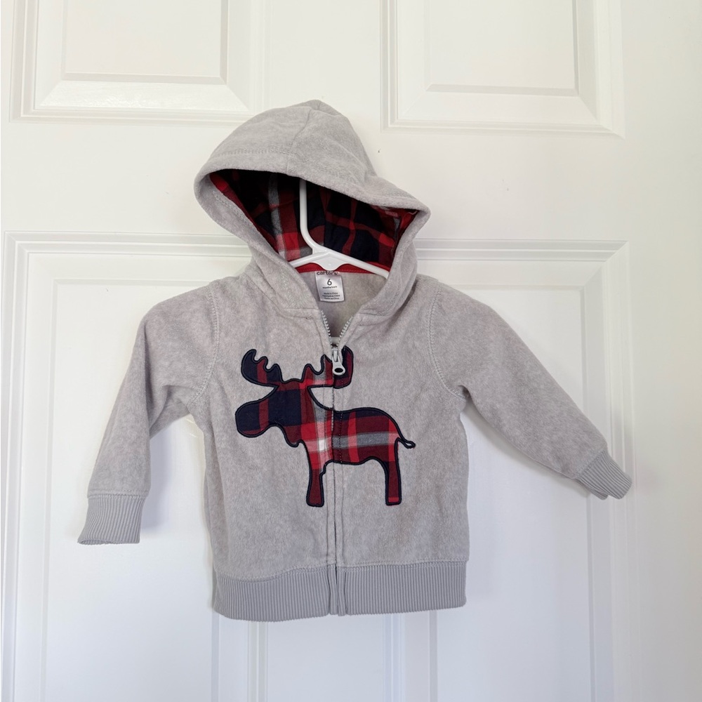 Carter’s Gray Cozy Baby Sweatshirt with Plaid Moose - Size 6 months